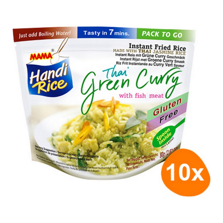 Mama Handi Rice - Instant Gebakken jasmijnrijst Thai Green Curry met vis - 10 zakjes