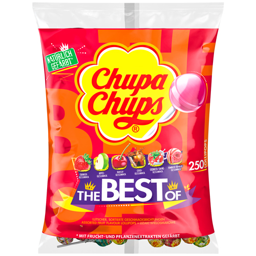Chupa Chups Original Best Of navulzakjes assorti lolly's, aardbei, kers, appel, cola, aardbeienroom, framboos vanillesmaak 250 stuks zakjes