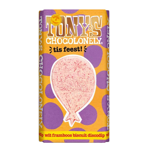 Tonyapos s Chocolonely Gifting bar Tis feest wit framboos biscuit discodip 180g