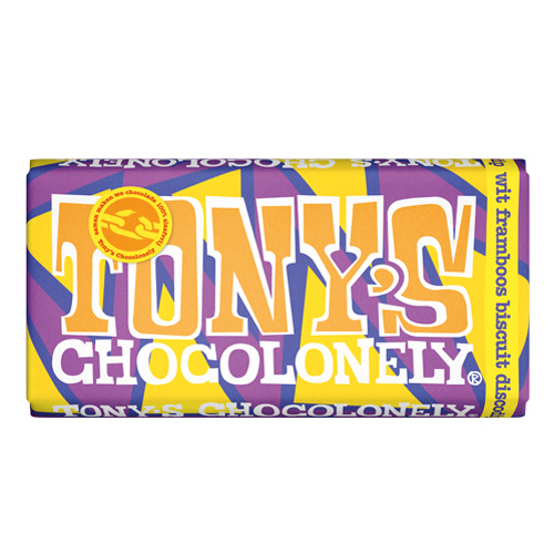 Tonyapos s Chocolonely Wit framboos biscuit discodip 180g
