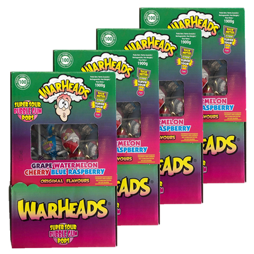 Warheads - Super Sour Bubblegum Pops - 4x 100 stuks
